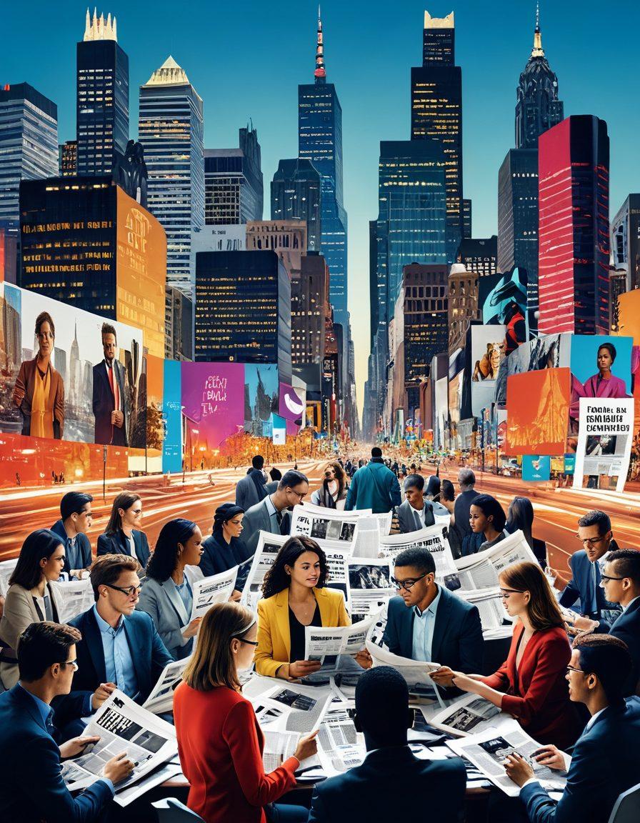A dynamic collage of news articles, community events, and digital notifications, featuring a diverse group of people engaging in discussions around a modern city skyline. Incorporate visuals of newspapers, smartphones, and laptops, representing various news sources and connectivity. Use vibrant colors to create an energetic atmosphere, conveying a sense of urgency and excitement. super-realistic. vibrant colors. modern style.