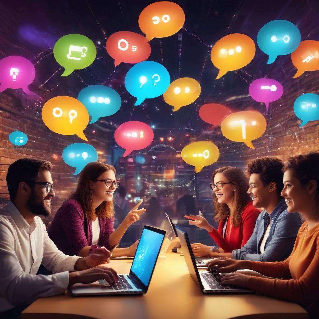 A vibrant discussion forum scene showcasing a diverse group of people engaging in animated conversations over laptops and tablets. Include speech bubbles filled with engaging icons like light bulbs and question marks to symbolize insightful sharing. The background features a digital interface with colorful chat threads and glowing connections between users. The atmosphere is dynamic and encouraging collaboration, capturing a sense of community and exchange of ideas. super-realistic. vibrant colors. 3D.