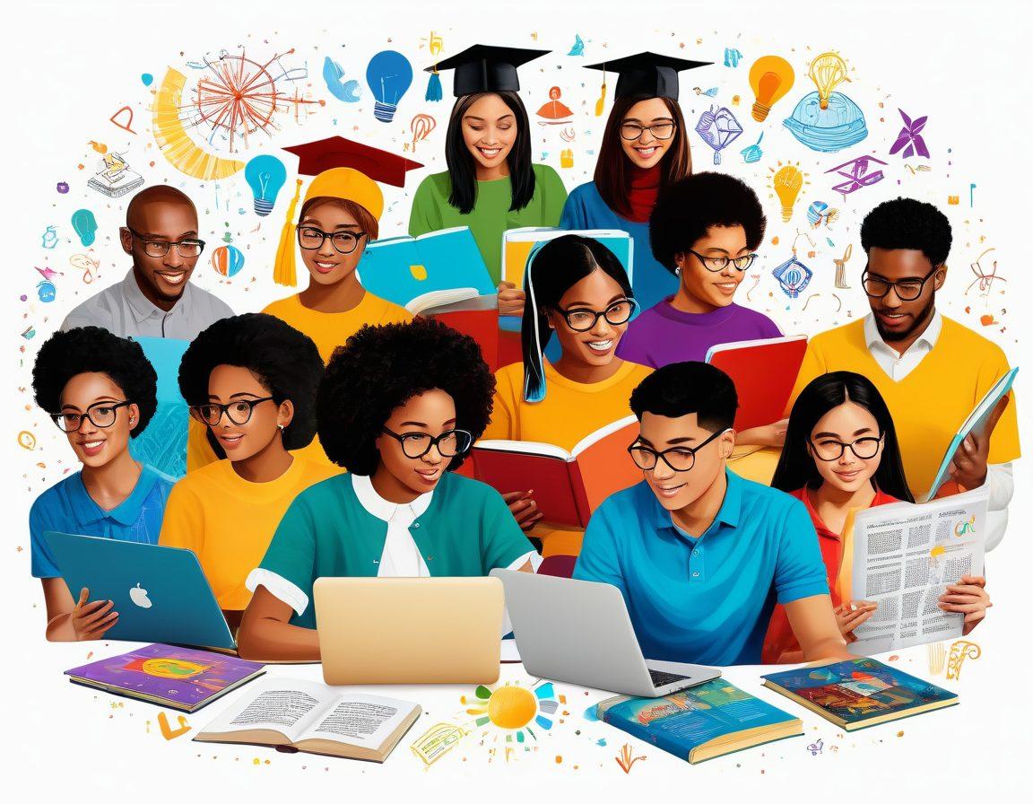 A vibrant collage of diverse people engaging in learning activities, with books, laptops, and community gatherings in the background. Incorporate symbols of knowledge like lightbulbs, graduation caps, and charts. The scene should radiate warmth and inclusivity, showcasing interactions between individuals of different ages and backgrounds. Use bright colors and whimsical design elements to create an inviting atmosphere. digital art. vibrant colors. white background.